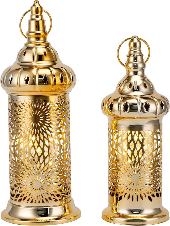 TRIROCKS Ramadan Laternen, 2er-Set 32 cm & 25 cm grosse goldene elektrische Kerzenhalter mit Timer,