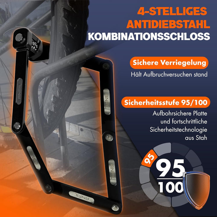 Faltschloss Fahrrad mit Zahlenschloss - Robustes Fahrradschloss, Faltschloss aus Carbonstahl, hohe S