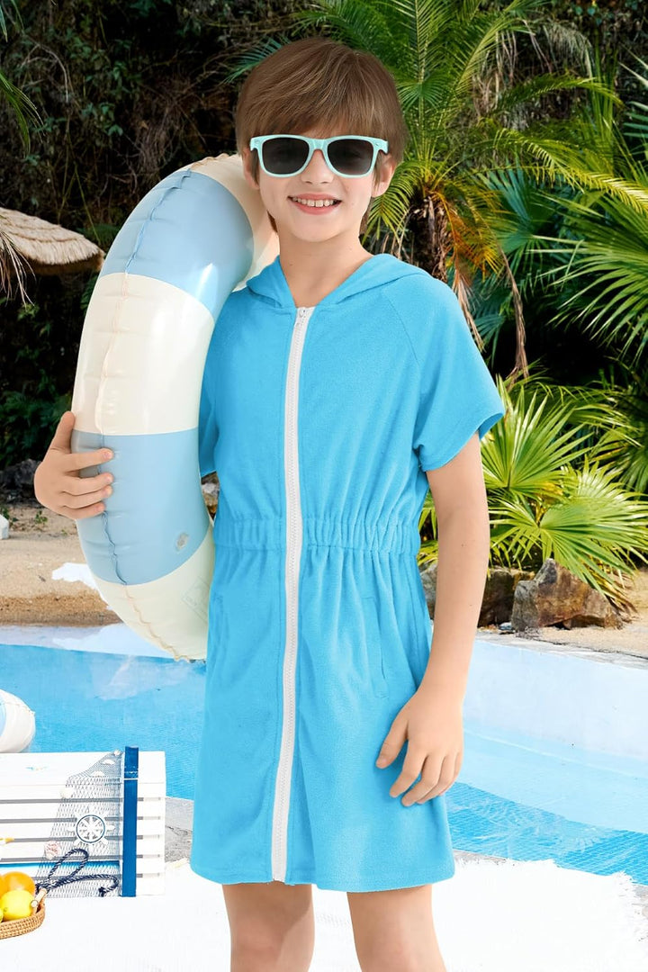 BesserBay Kinder Badeponcho Kapuze mit Taschen Frottee Bademantel Elastischer Bund Zip Surf Poncho H
