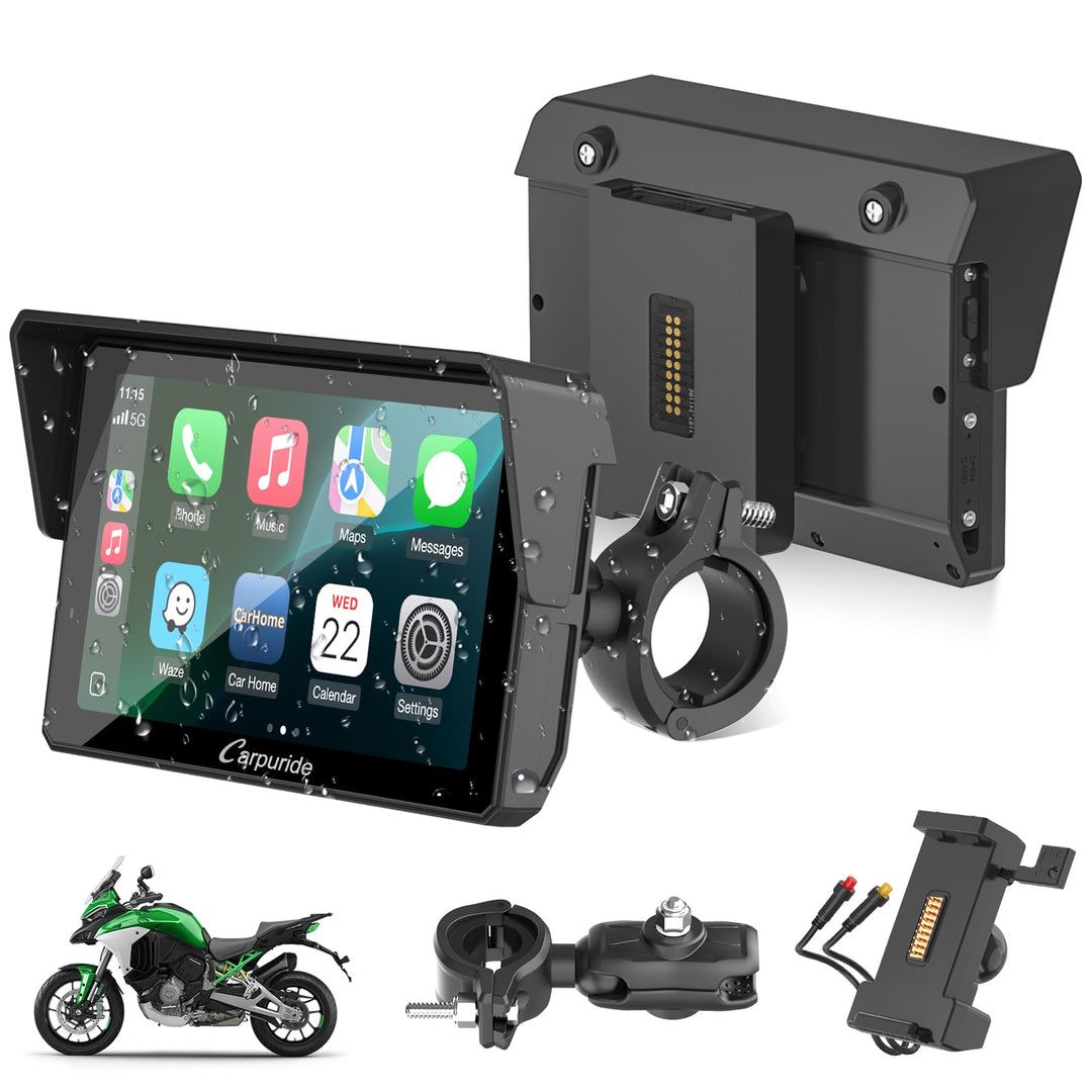 Carpuride W502S PRO Motorrad-GPS, kabelloses Carplay/Android Auto, Wasserdichter 5-Zoll-Motorrad-Tou