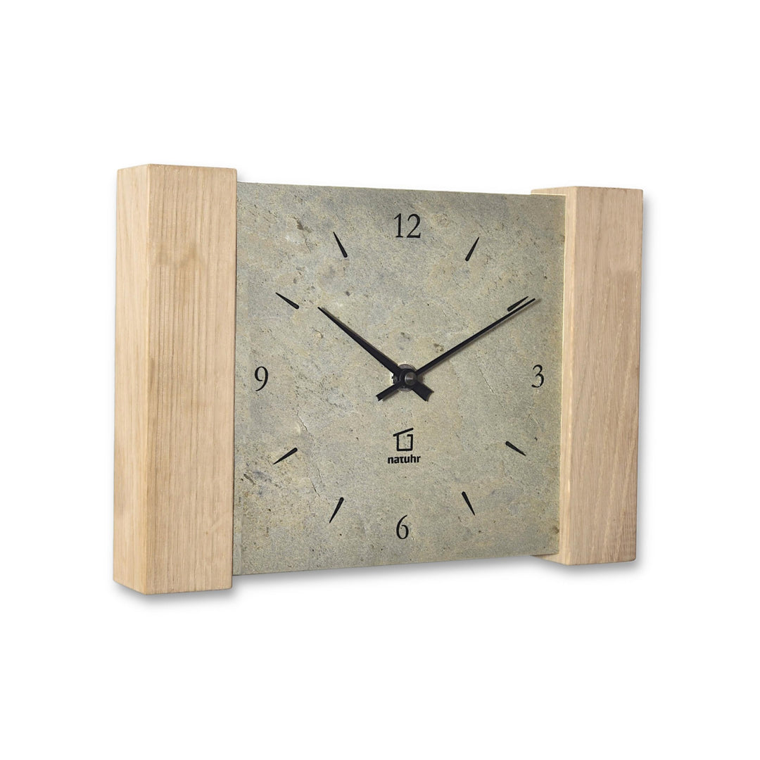 Natuhr Tischuhr Wanduhr Wildspitze Holz Eiche Heller Stein Schiefer Funkuhrwerk (Grau/Eiche unbehand