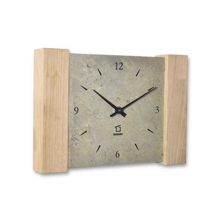 Natuhr Tischuhr Wanduhr Wildspitze Holz Eiche Heller Stein Schiefer Funkuhrwerk (Grau/Eiche unbehand