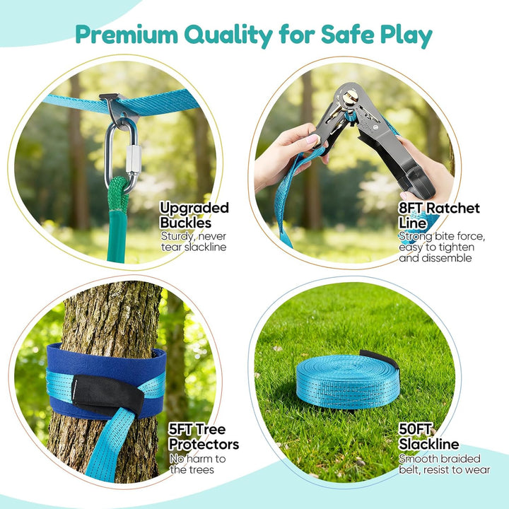 Ninja Slackline Set für Kinder, 15m (50FT) Outdoor Hindernisparcours mit Klettergerüst, Ringen, Seil
