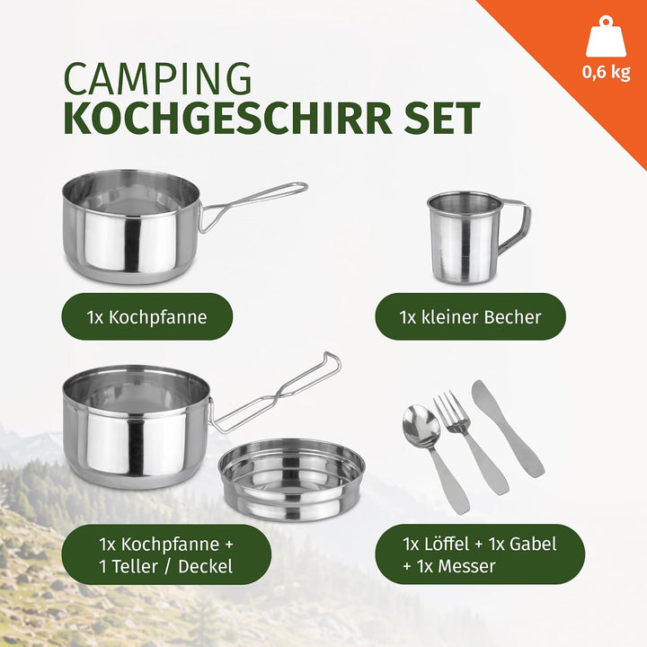 Moritz Camping Kochgeschirr Set 7-teilig Edelstahl - Topf Becher Besteck | Für 1-2 Personen, stapelb