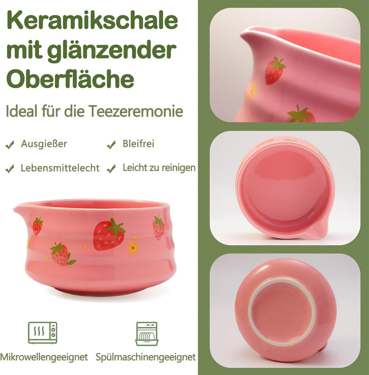 Matcha Set mit Erdbeermuster, Bestehend aus Schale mit Ausguss, Schneebesen, Halter, Bambuslöffel un