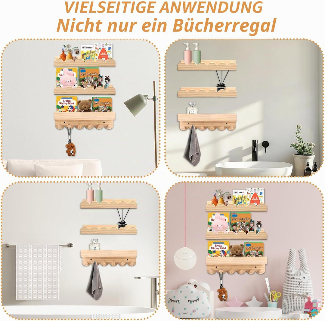 Rainmae Bücherregal Kinder, 40cm 3er-Set, Regal Kinderzimmer, Wandregal Kinderzimmermit Holzhaken id