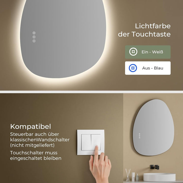 S'AFIELINA Spiegel mit Beleuchtung Asymmetrischer LED Badspiegel 60 × 45 × 2,5 cm (H × B × T) mit To