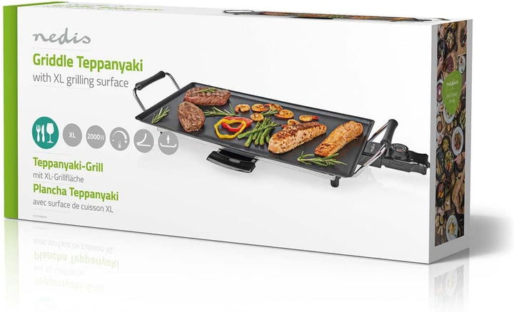 Nedis FCTE110EBK50 Teppanyaki-Grill – 50cm Grillplatte – 2.000W – Temperaturregelung – Antihaftbesch