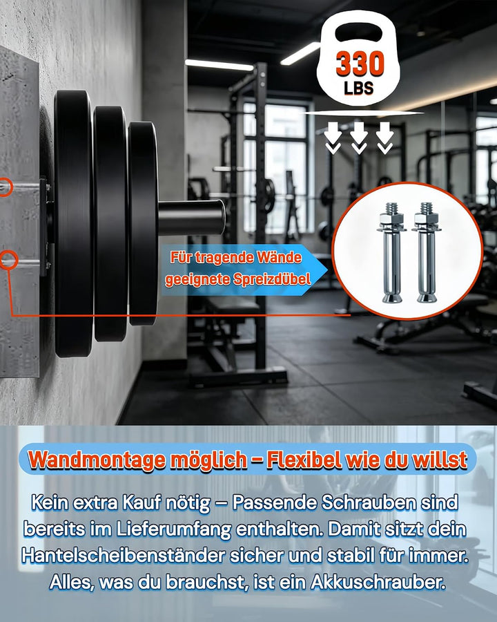Hantelscheibenständer Wandmontage 2er Set für 50mm Scheiben | Stahlhalterung mit 220kg Tragkraft. Wa