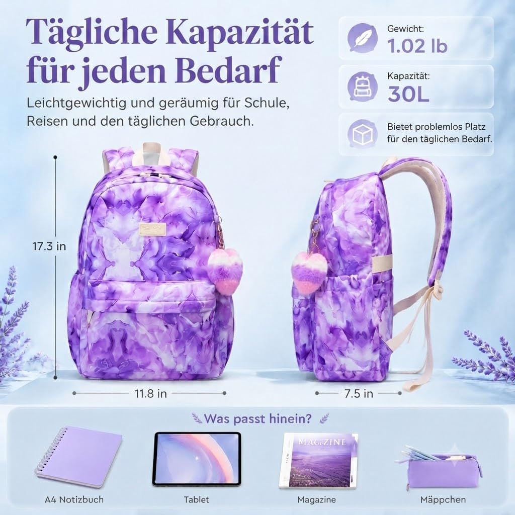 SUN EIGHT 30L Laptop-Rucksack Damen, Wasserabweisender Schulrucksack für Schule, Uni &amp; Reise, Grosse