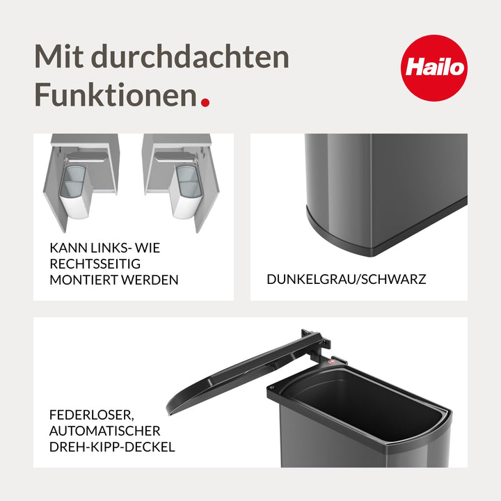 Hailo Abfallsammler 3418071 | Mülleimer Uno 18 L schwenkbar | Einbau Abfalleimer dunkelgrau schwarz