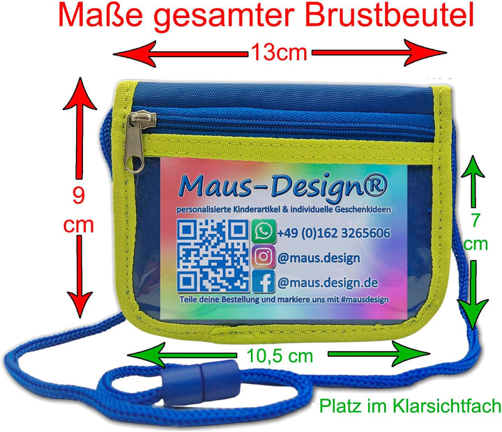 Kinder Brustbeutel mit Name und Schriftartwahl | Klettverschluss mit Schnur zum Umhängen und Klarsic