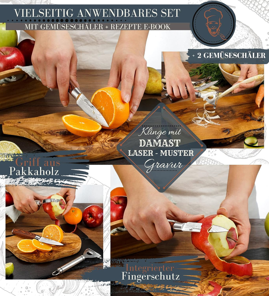 Obstmesser Set - 1x Gemüsemesser Holzgriff mit Klingenschutz - 2x Schälmesser - Scharfes Messer für