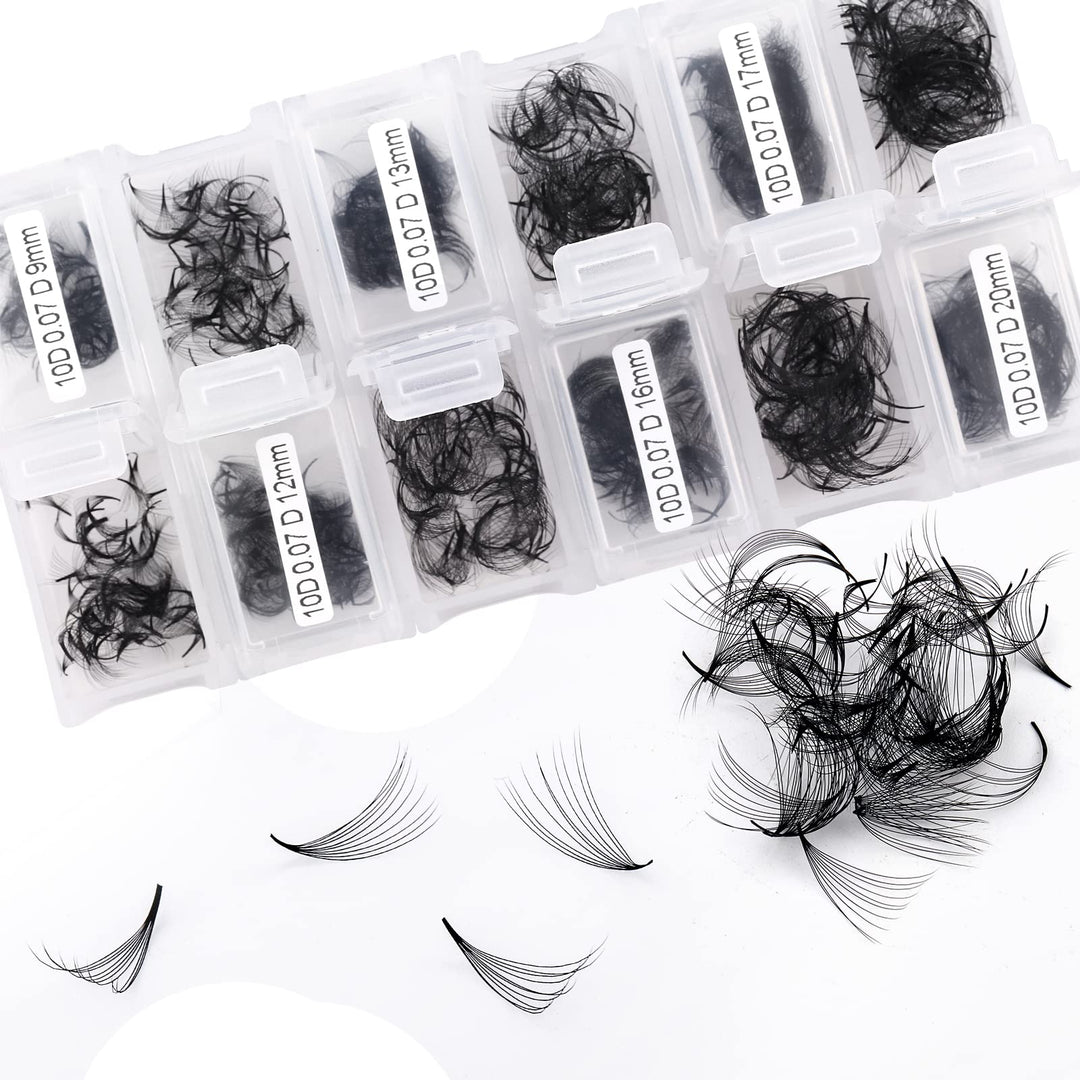 10D Gefächerte Volumen Wimpern 1200 Pcs Fertig Fächer Wimpernverlängerung C Curl 0.07mm 9-20mm Mixed