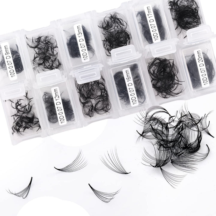 10D Gefächerte Volumen Wimpern 1200 Pcs Fertig Fächer Wimpernverlängerung C Curl 0.07mm 9-20mm Mixed