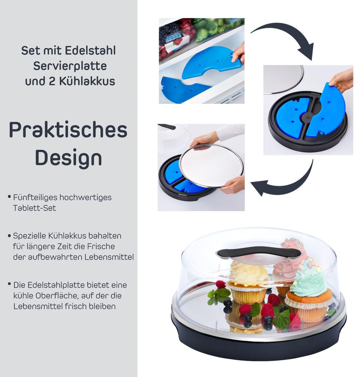 FH - Servierplatte mit Deckel - Kuchen Transportbox mit Kühlung, Kühlplatte mit Haube und Kühlakkus