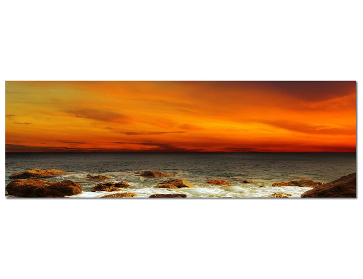 Paul Sinus Art Panoramabild auf Leinwand und Keilrahmen 150x50cm Meer Steine Felsen Abendrot Landsch