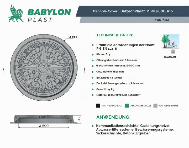 BABYLONPLAST Schachtabdeckung, Schachtdeckel DN600/750 - Runder Kunststoff Kanaldeckel, Ø 600/750 mm