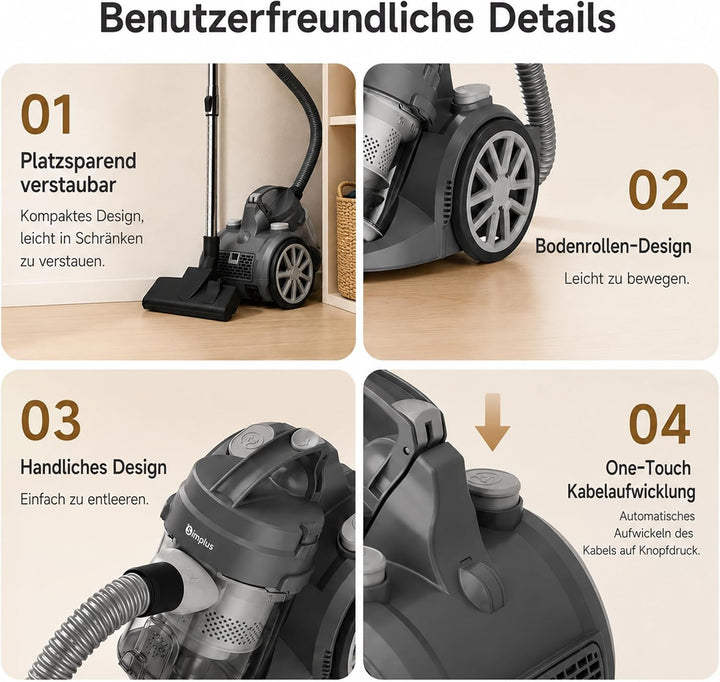 SIMPLUS Staubsauger mit Kabel, Beutelloser Bodenstaubsauger, 1200W, 28 kPa Saugleistung, F9 HEPA Fil