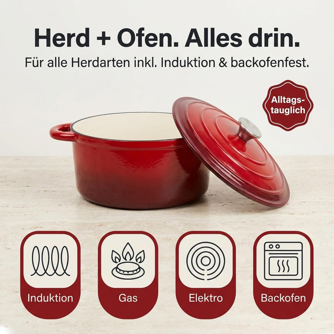 Homira Emaille Gusseisen Topf Bräter Schmortopf Ø 26 cm – Ideal für alle Herdarten, Rot