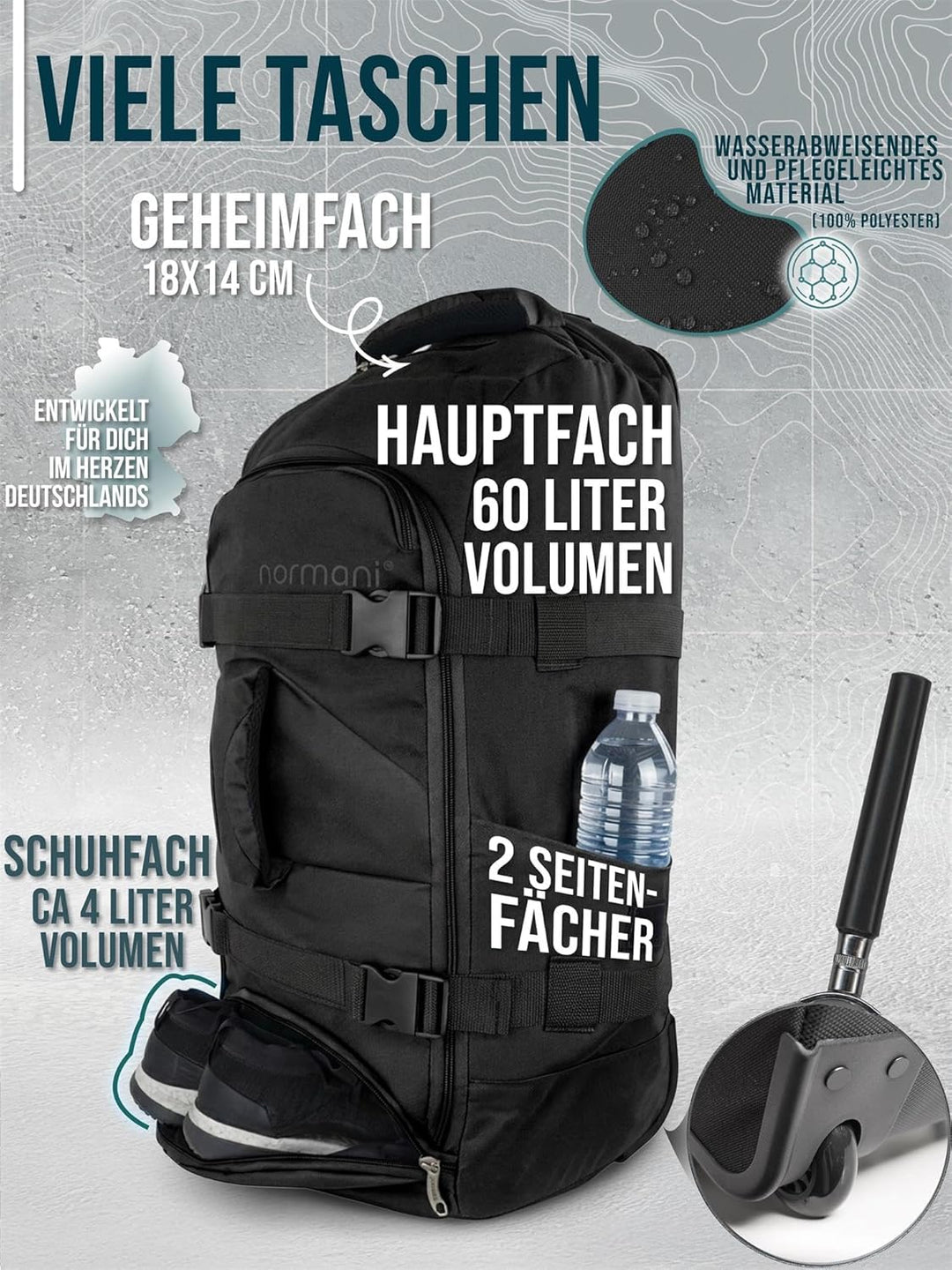 normani Backpacker Reisetaschen-Rucksack mit Trolleyfunktion - Trolley mit Frontloader Funktion und