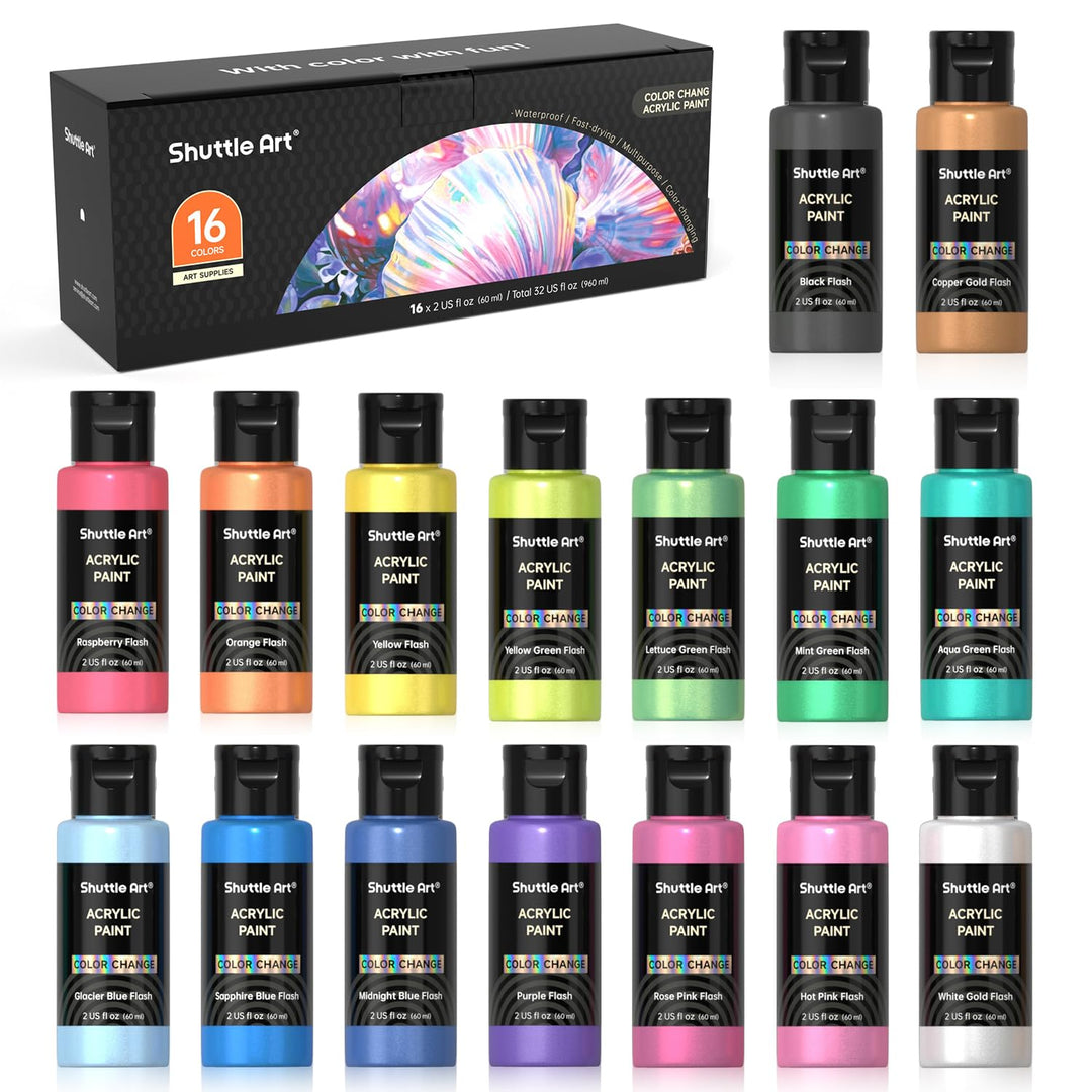 Shuttle Art Acrylfarben Set, 16 Chamäleonfarben in Flaschen (je 60ml), Acrylfarben mit Perlglanz, fü