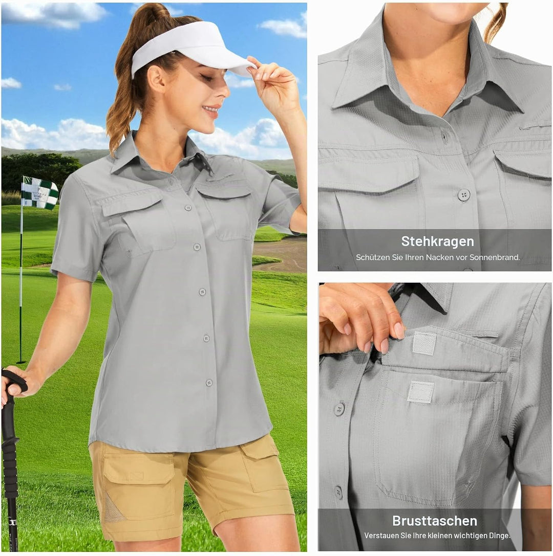 yeyity Hemdbluse Damen Kurzarm UV Schutz Wander Shirt Damen Atmungsaktiv Safari Hemd Schnelltrocknen