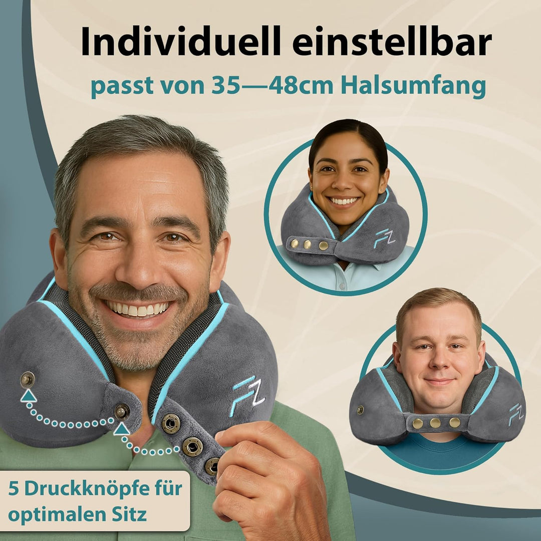 FLOWZOOM Comfy Nackenkissen Flugzeug & Auto mit Kapuze - Einstellbares Memory Foam Reisekissen mit D