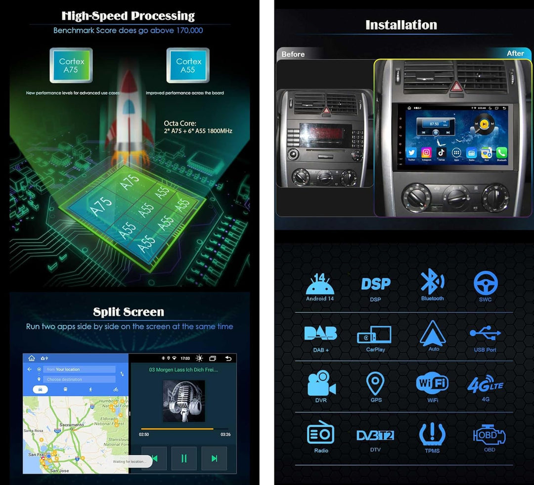 Erisin 8-Kern 9 Zoll Android 11 GPS Autoradio für Mercedes Benz A/B Klasse Viano Vito Sprinter VW Cr
