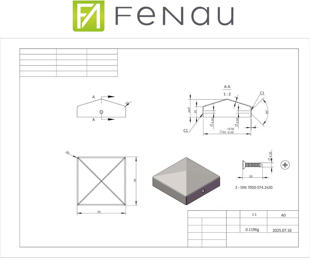 FeNau 10er Set Pfostenkappe 9x9 cm Edelstahl V2A matt - Zaun rostfrei inkl. 20 Schrauben Edelstahl V