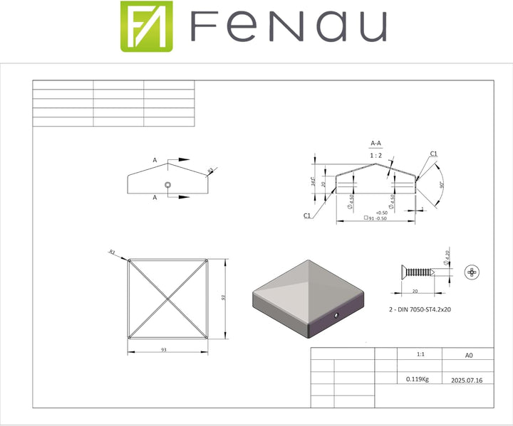 FeNau 10er Set Pfostenkappe 9x9 cm verzinkt - Sichtschutzzaun Pyramide inkl. 20 Schrauben Stahl, ver