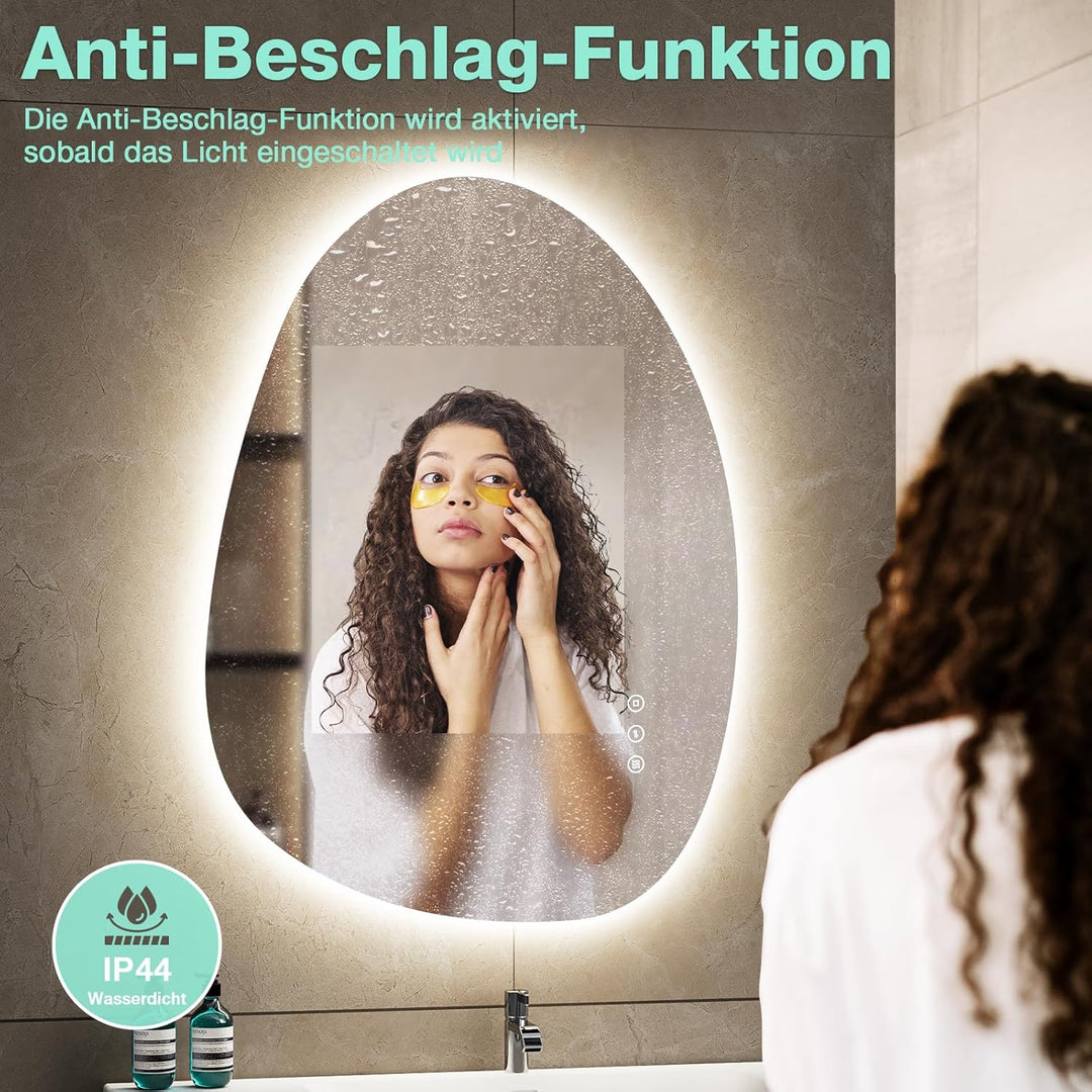 Asymmetrischer Spiegel mit Beleuchtung 75 × 55 cm, 3 Lichtfarben, Dimmbar, Antibeschlag, IP44 Wasser
