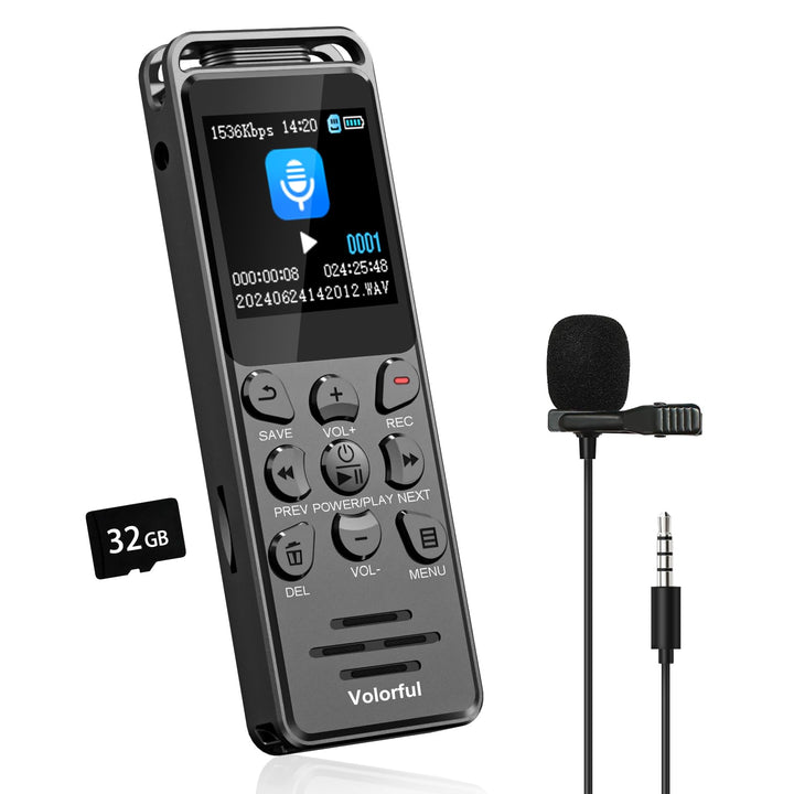 48GB Diktiergerät Digital 70 Std Aufnahmegerät mit Externem Mikrofon, Volorful 1,44" Farbbildschirm