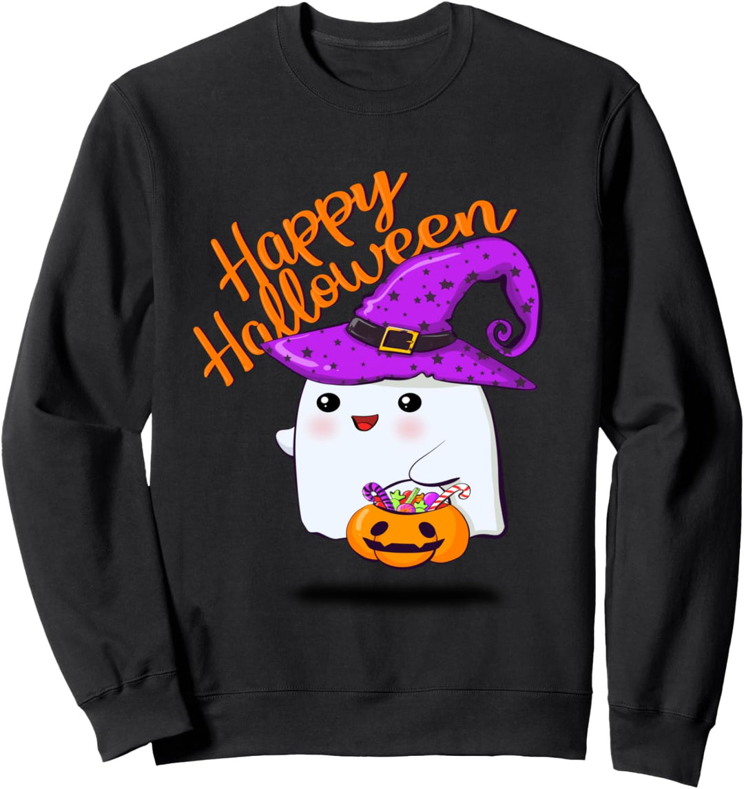 Lustiger Geist mit Hexenhut und Kürbis Happy Halloween Sweatshirt