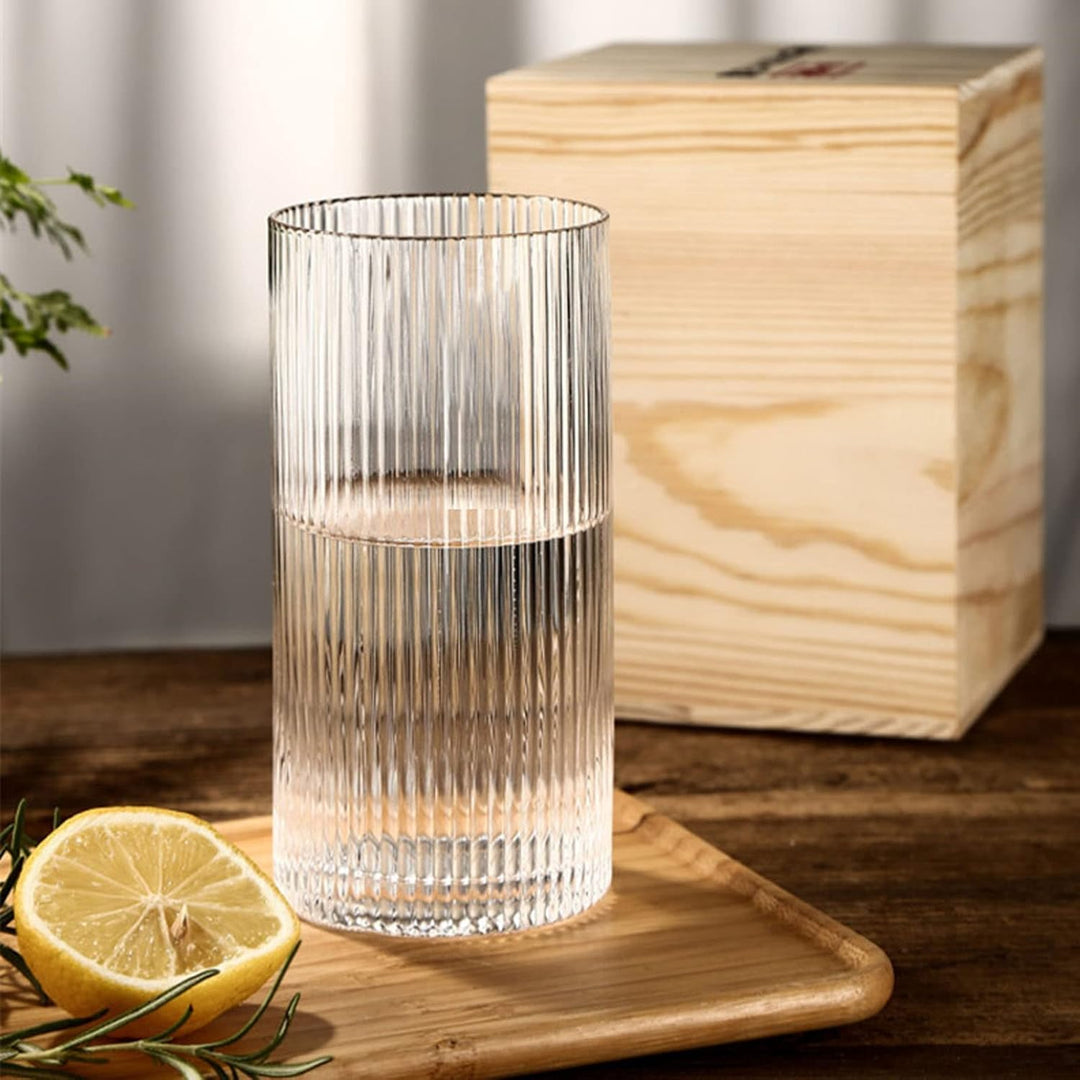 INSETLAN 370ml Geriffelte Longdrinkgläser mit Glasstrohhalm | Ideal für Whisky, Bier, Säfte | Spülma