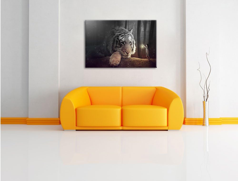 Pixxprint EIN Fantasy-Welt - eine Frau und EIN Riesen-Tiger B&W Detail, Format: 100x70 auf Leinwand,