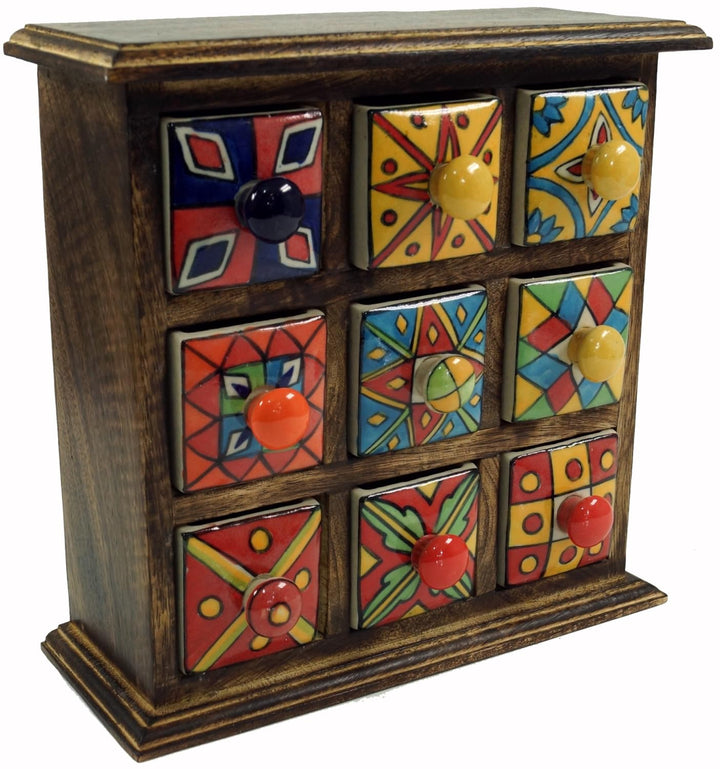 GURU SHOP Apothekerschränkchen mit Bunten Keramik Schubfächern, Gewürzkiste - 3x3 Fächer, 24x24x9 cm