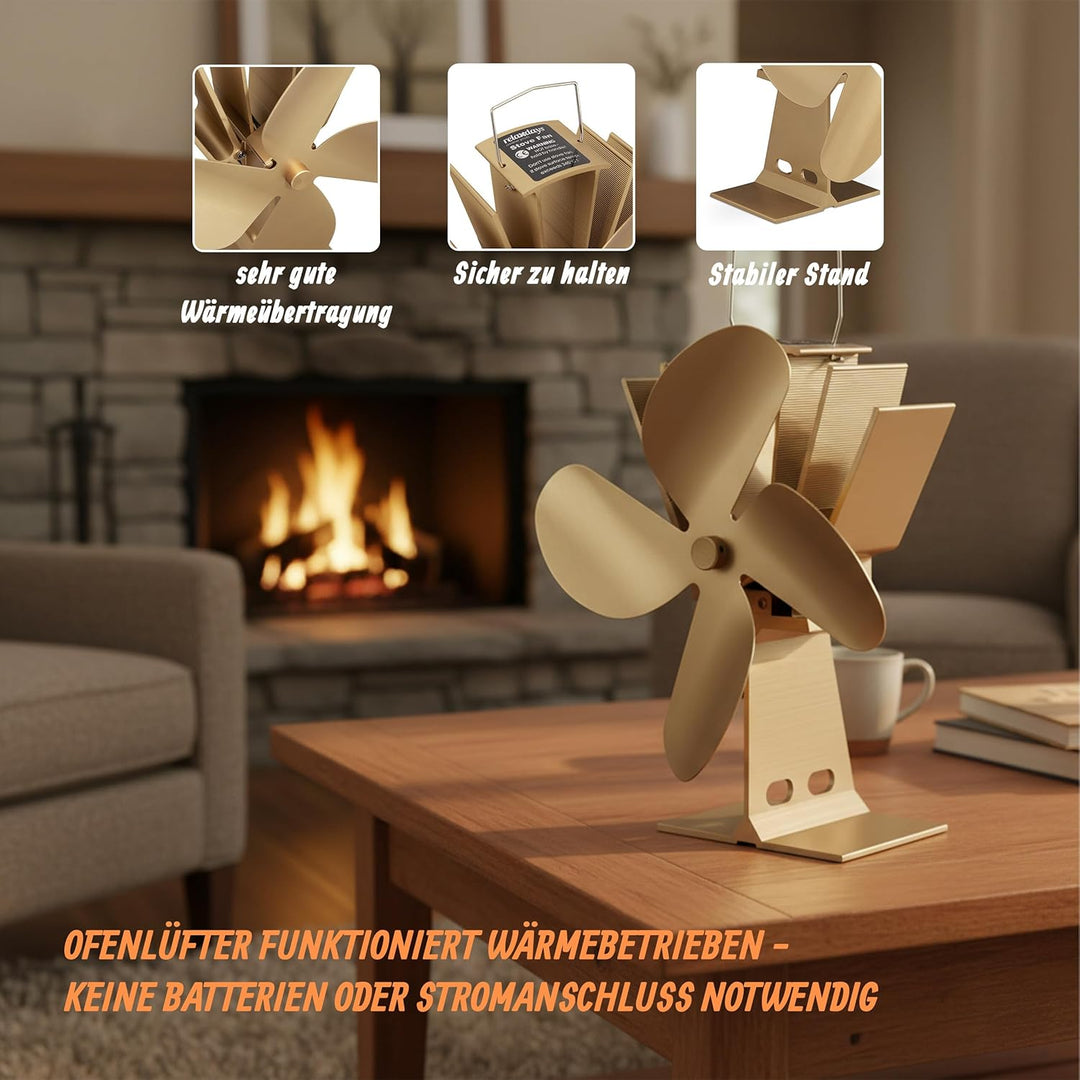 Relaxdays Ofenventilator ohne Strom, geräuscharm, für Kamin & Ofen, hitzebetrieben, 4 Blätter, Kamin