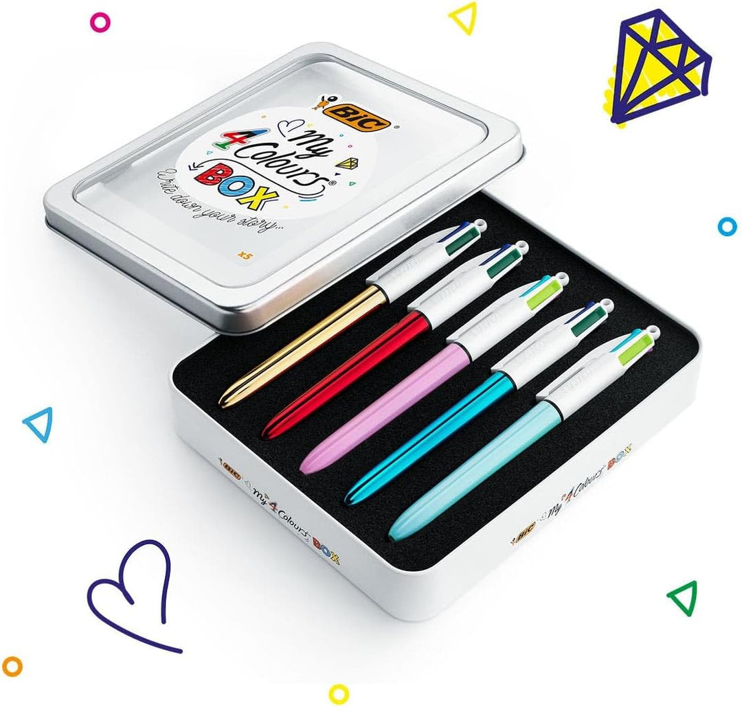 BIC 4 Farben Kugelschreiber Set 4 Colours, 5er Stifte Set in Metallbox mit 3 Colours Shine & 2 Colou