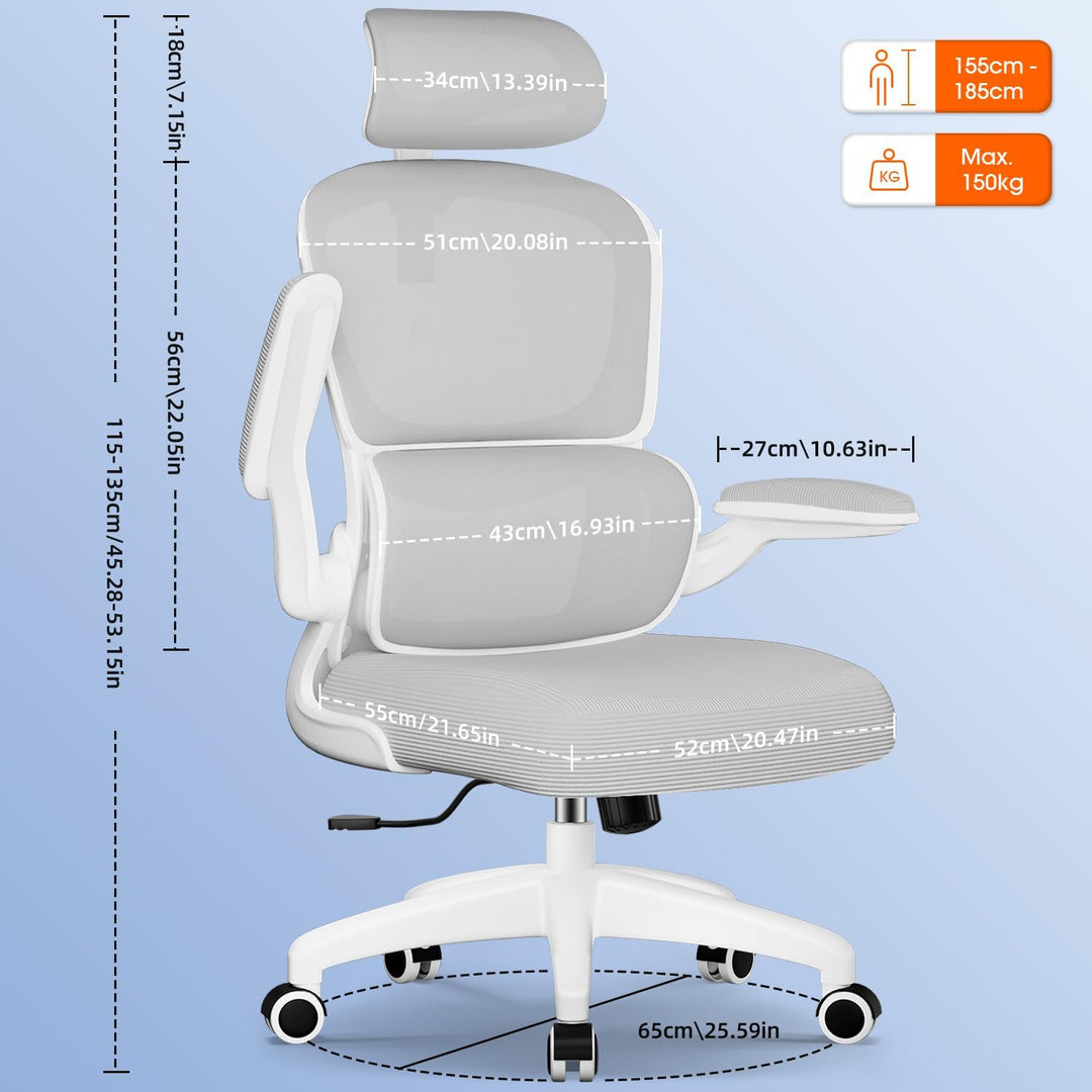 Bürostuhl, Bürostuhl Ergonomisch mit Klappbaren Armlehnen und Lendenwirbelstütze, Verstellbarer Kopf