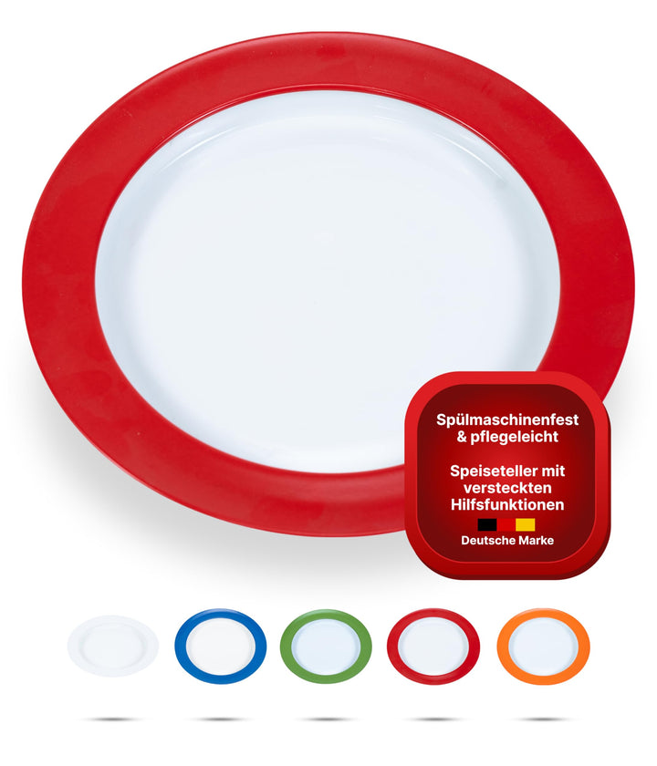 unisonoPLUS Speiseteller Porzellan Rot 26 cm – Spezialteller mit Schiebekante, rutschfest, spülmasch