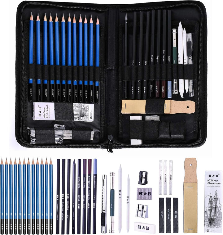 H & B 40 Stück Bleistifte Skizzierstifte Set Skizzieren und Zeichnen Professionelle Art Set mit Grap