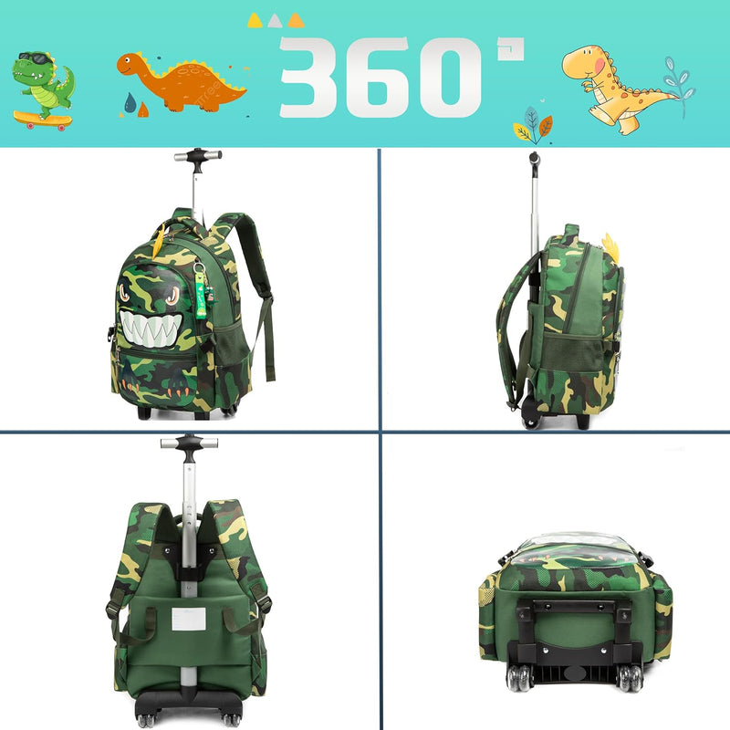 HTgroce Trolley Jungen Schultrolly Schulrucksack mit Rollen Schultrolley Grüner Dinosaurier, Grüner