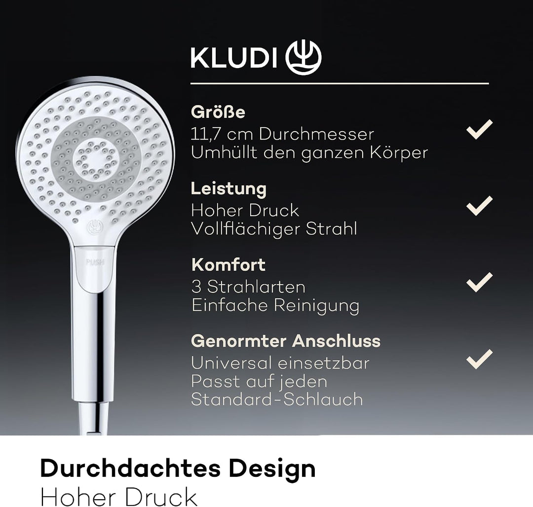 KLUDI-X3 Universal Duschkopf mit Schlauch, Duschbrause optional wassersparend mit 3 Strahlarten (Bod