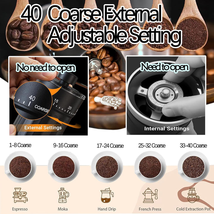 Tragbare Mini Manueller Handkaffeemühle mit 40-stufige Externer Verstellbarer, Kaffeebohnen Kegelmah