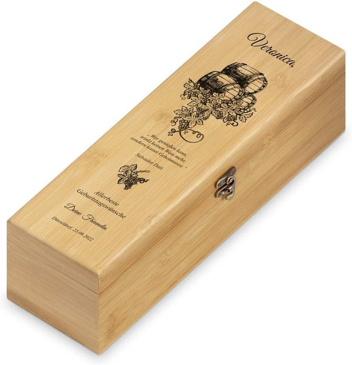 Maverton Weinbox für 0,7L Weinflasche - Wein Holzbox personalisiert + 4er Weinzubehör - Weinset Wein