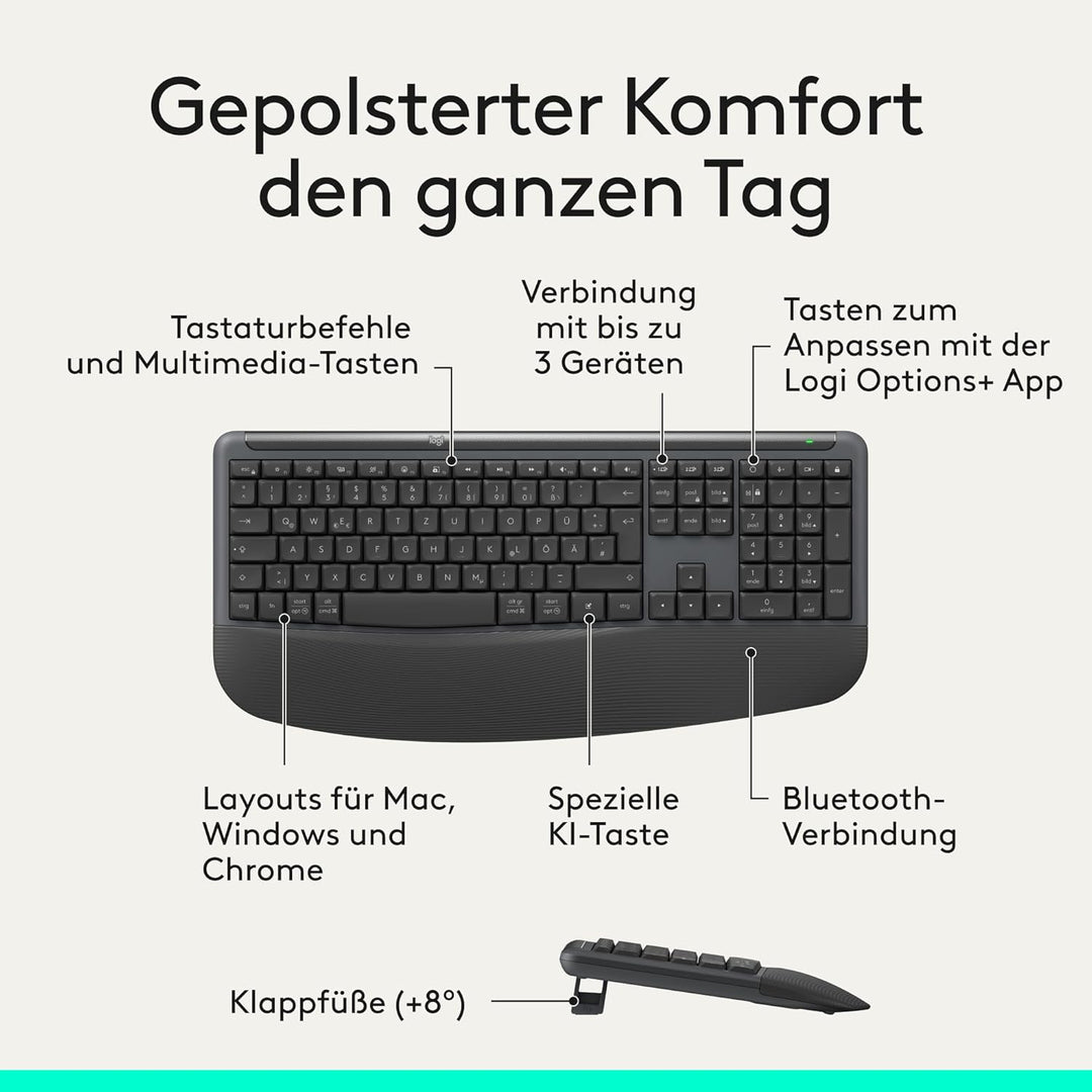 Logitech Signature Comfort Plus Combo MK880, kabelloses Tastatur-Maus-Set, komfortable Tastatur in S