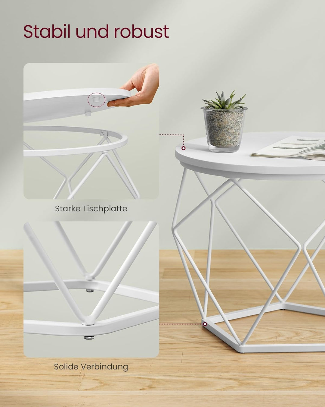 VASAGLE Couchtisch rund, 2er Set, Wohnzimmertisch, Beistelltisch, modern, abnehmbare Tischplatte, fü