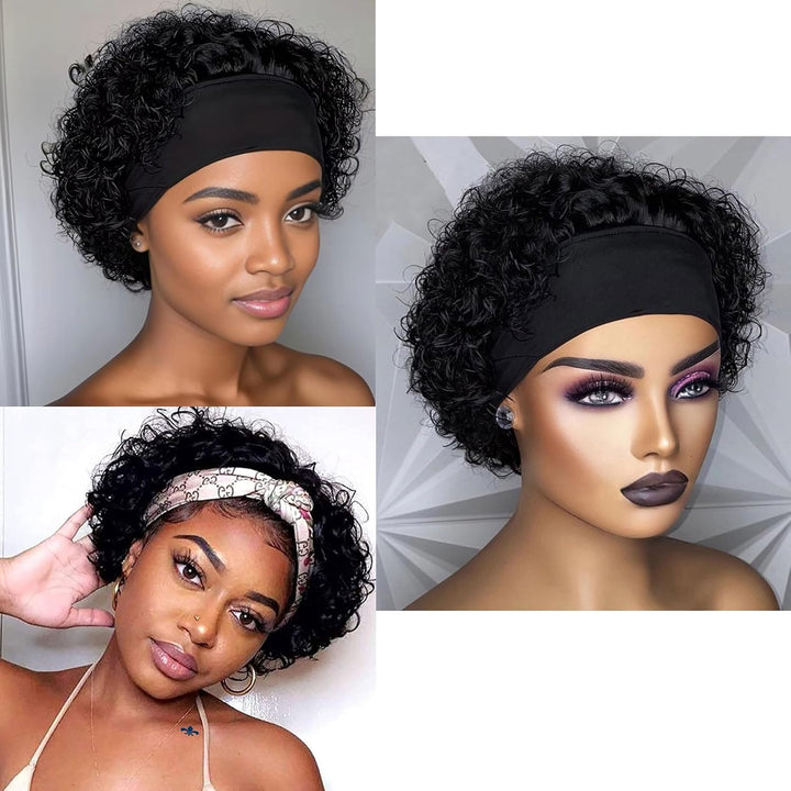 Huarisi Short Curly Pixie Cut Wigs for Women Glueless Human Hair Black Headband Bob Wig None Lace We