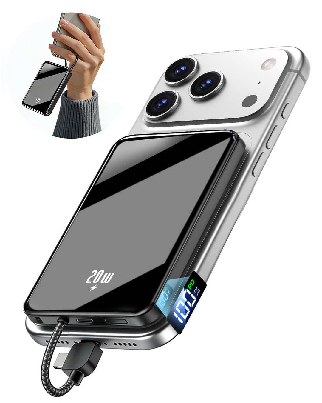 Power Bank 12000mAh, Magnetische Powerbank für iPhone mit 2-in-1 integriertem USB-C & iOS Kabel, Kei